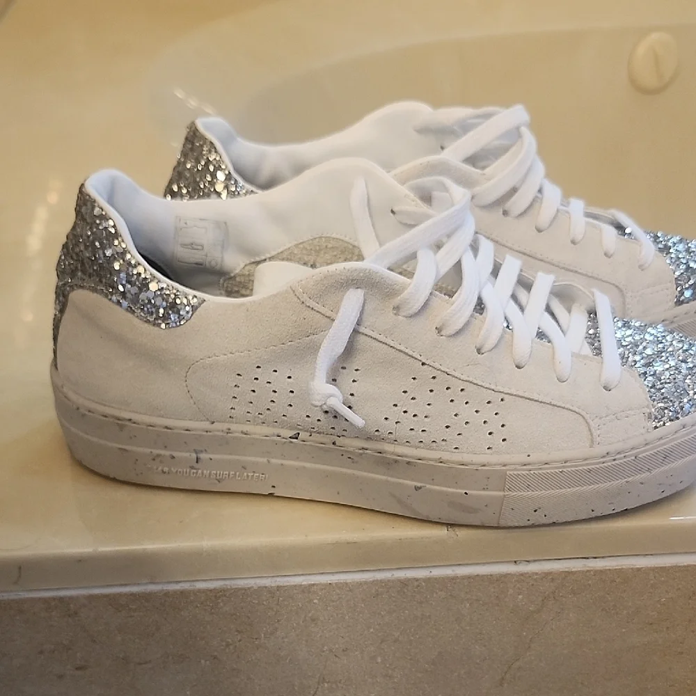 P448 Women's White Suede Sneakers with Silver Glitter Toe & Heel - Picture 5 of 8